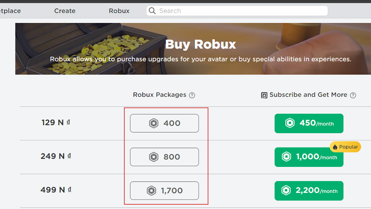 Lựa chọn số lượng Robux bạn muốn nạp vào tài khoản