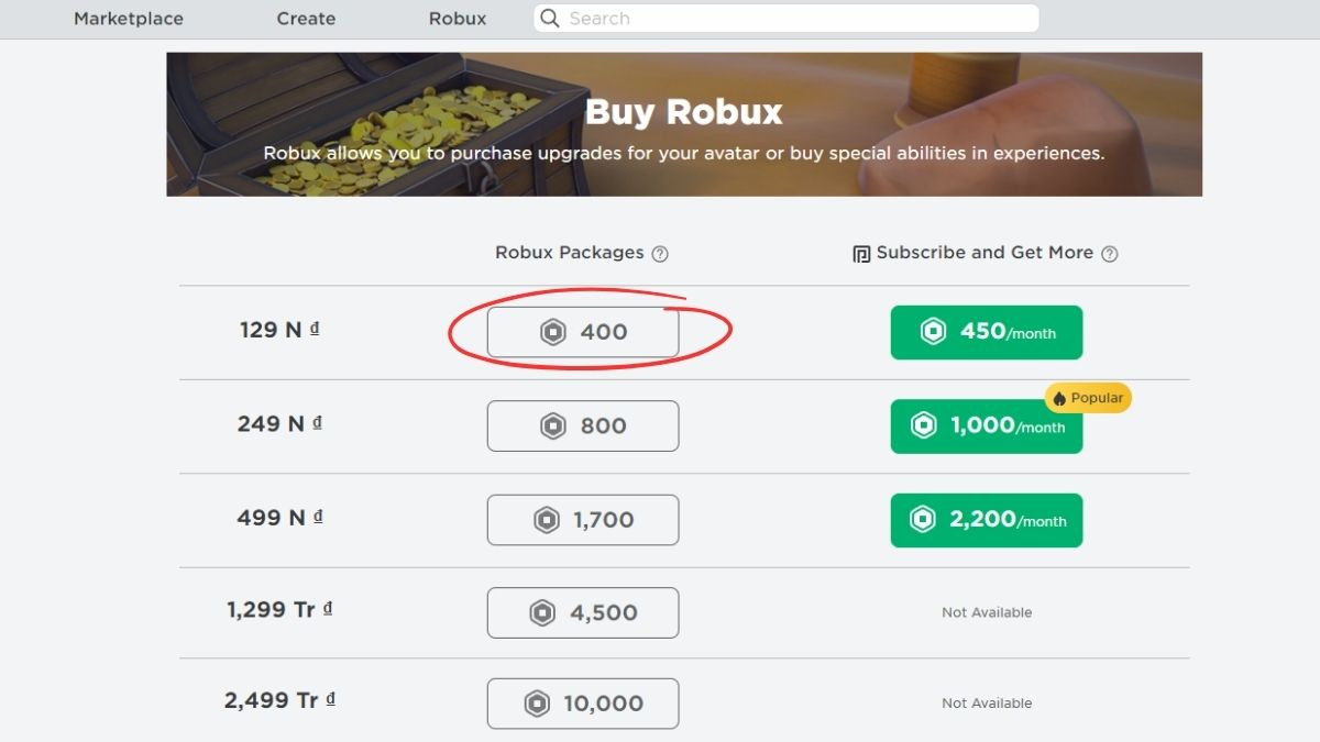 Lựa chọn gói Robux bạn muốn mua từ các tùy chọn có sẵn