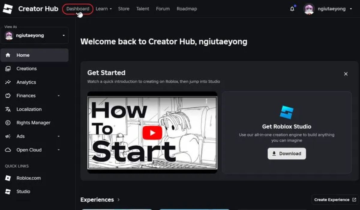Đăng nhập và truy cập "Creator Dashboard"