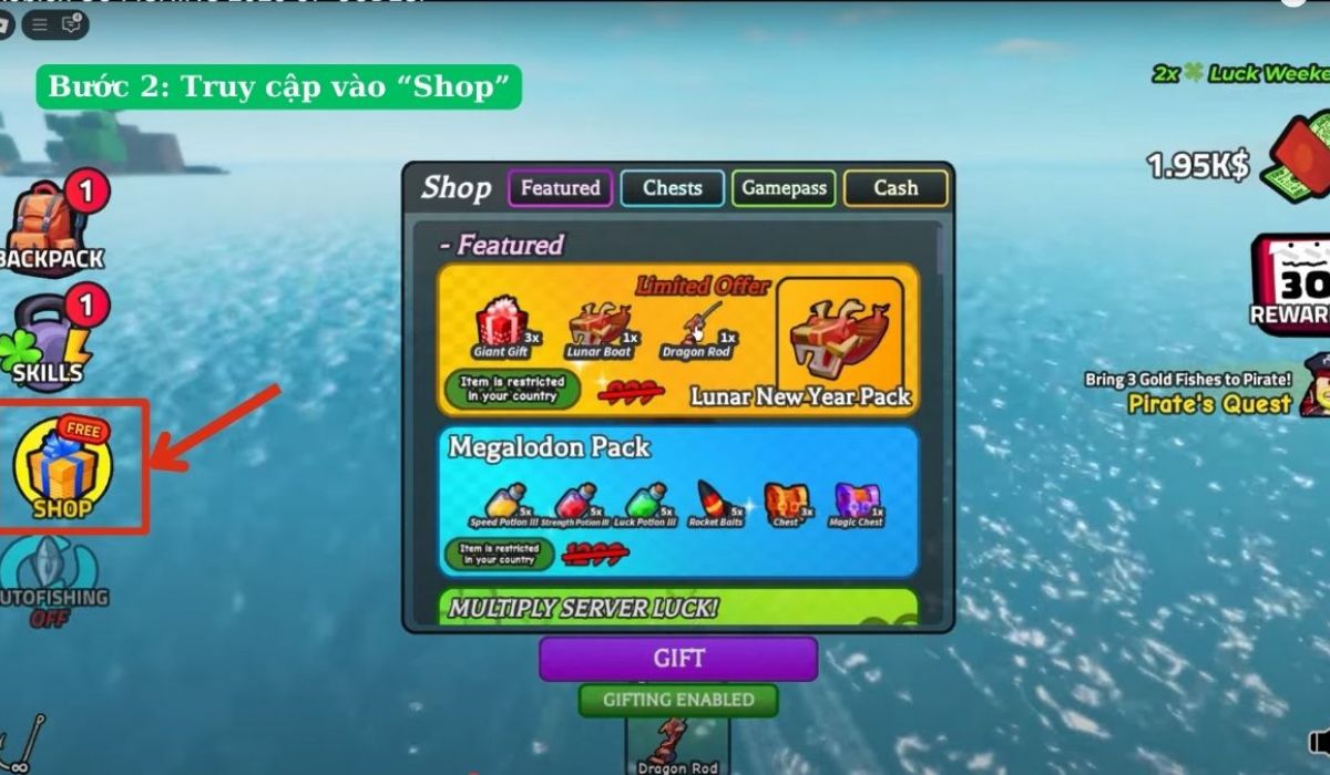 Chọn biểu tượng món quà và vào mục "Shop"