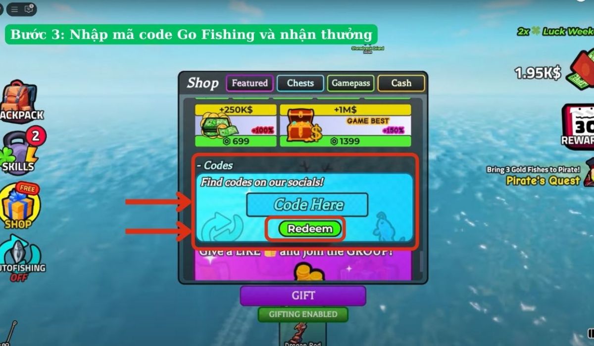 Nhập mã code vào mục "Codes" và nhấn "Redeem"